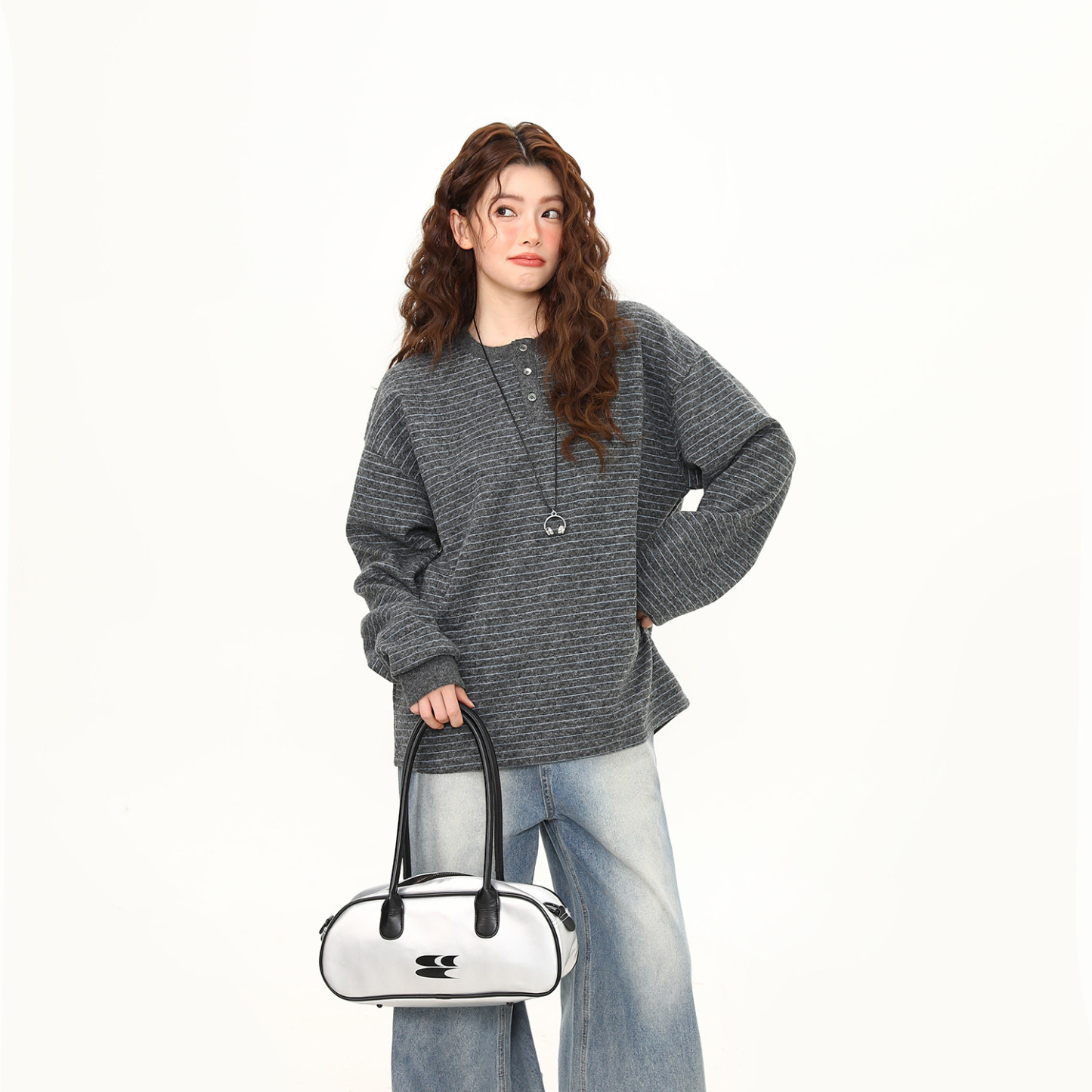 春季新款復古亨利領套頭條紋長袖衛衣女羊毛混紡高級感