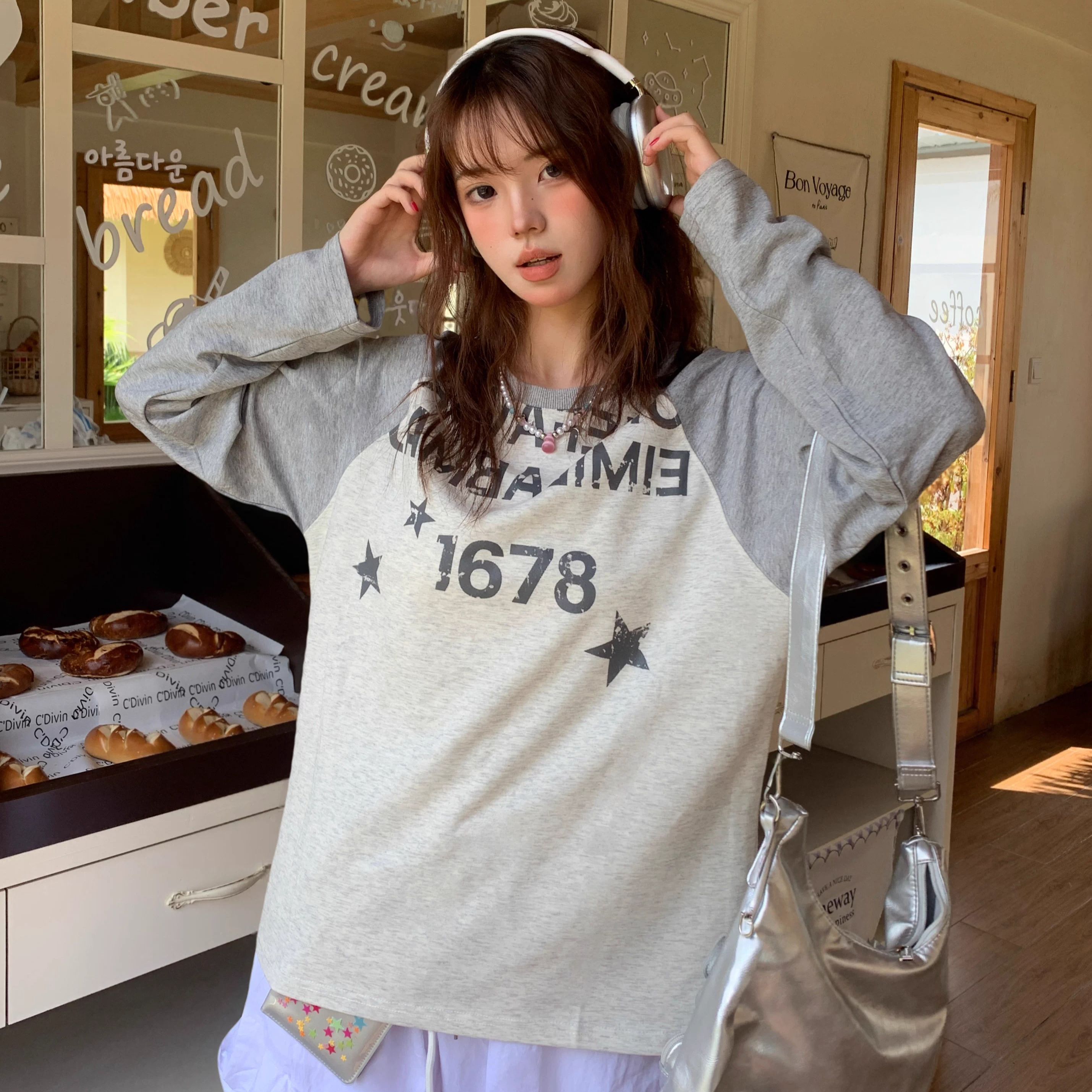 美式復古字母星星拼色上衣T恤女秋季打底寬鬆百搭休閒長袖