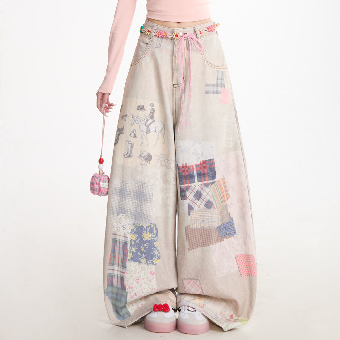 復古拼圖印花牛仔褲女亞文化穿搭彎刀闊腿褲街頭休閒褲