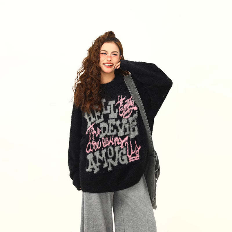 美式復古字母提花軟糯慵懶風毛衣女秋冬寬鬆百搭針織衫