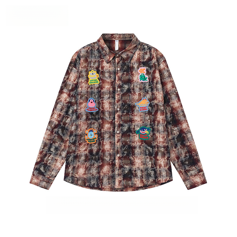 美式復古貼布刺繡卡通長袖襯衫女小香風磨毛上衣