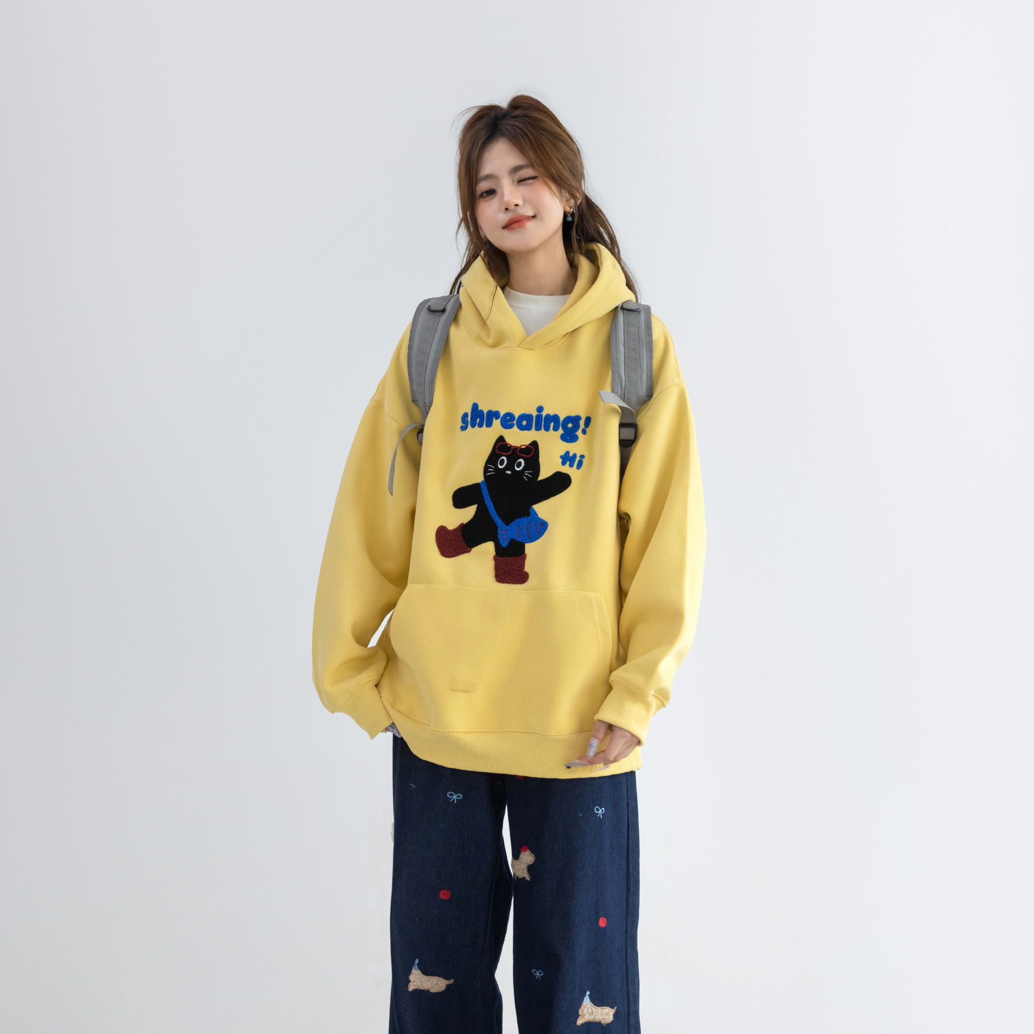 韓系可愛猫咪毛巾繡連帽衛衣女款小個子寬鬆長袖上衣
