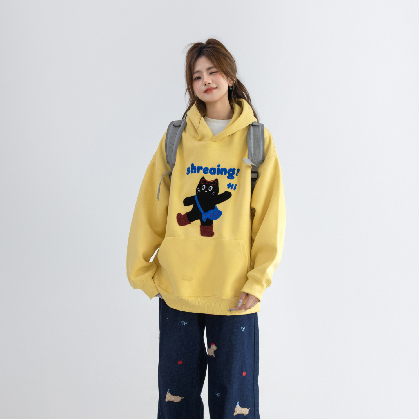 韓系可愛猫咪毛巾繡連帽衛衣女款小個子寬鬆長袖上衣