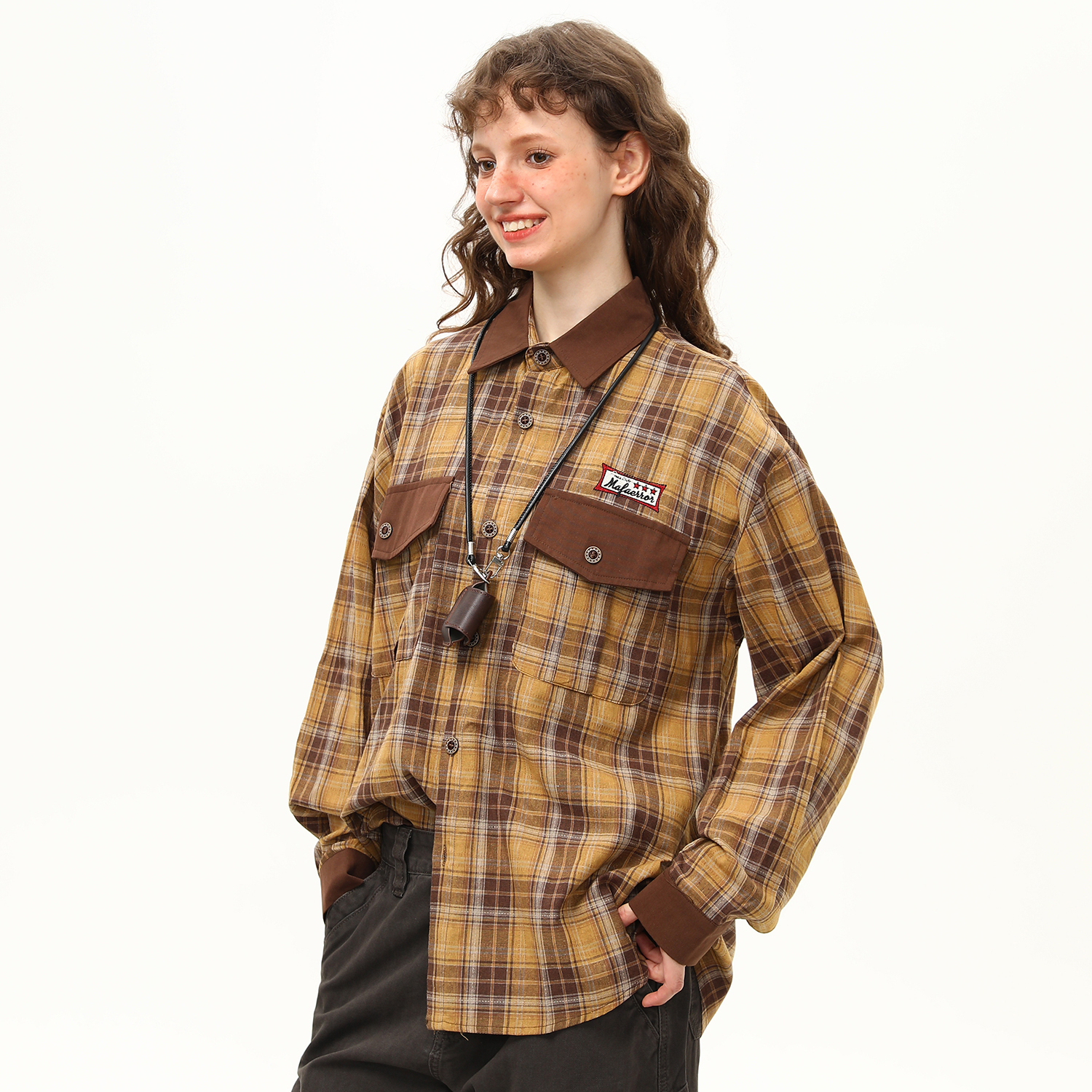 早秋新款美式復古長袖格子襯衫女拼接設計感潮流外穿襯衣