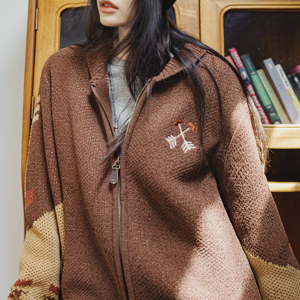 印第安復古咖色加厚針織雙頭拉鍊翻領刺繡毛衣開衫外套秋冬女