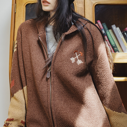 印第安復古咖色加厚針織雙頭拉鍊翻領刺繡毛衣開衫外套秋冬女