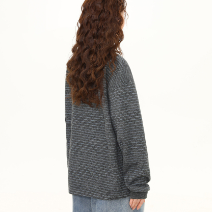 春季新款復古亨利領套頭條紋長袖衛衣女羊毛混紡高級感