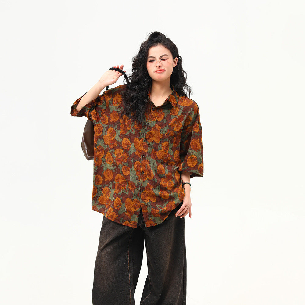 古著感花卉復古短袖襯衫女夏季凉感個性潮牌寬鬆襯衣