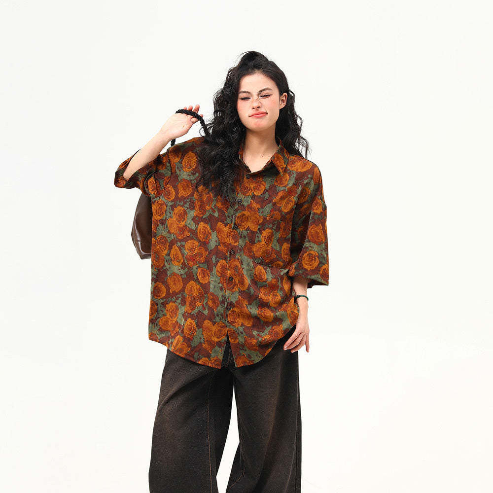 古著感花卉復古短袖襯衫女夏季凉感個性潮牌寬鬆襯衣