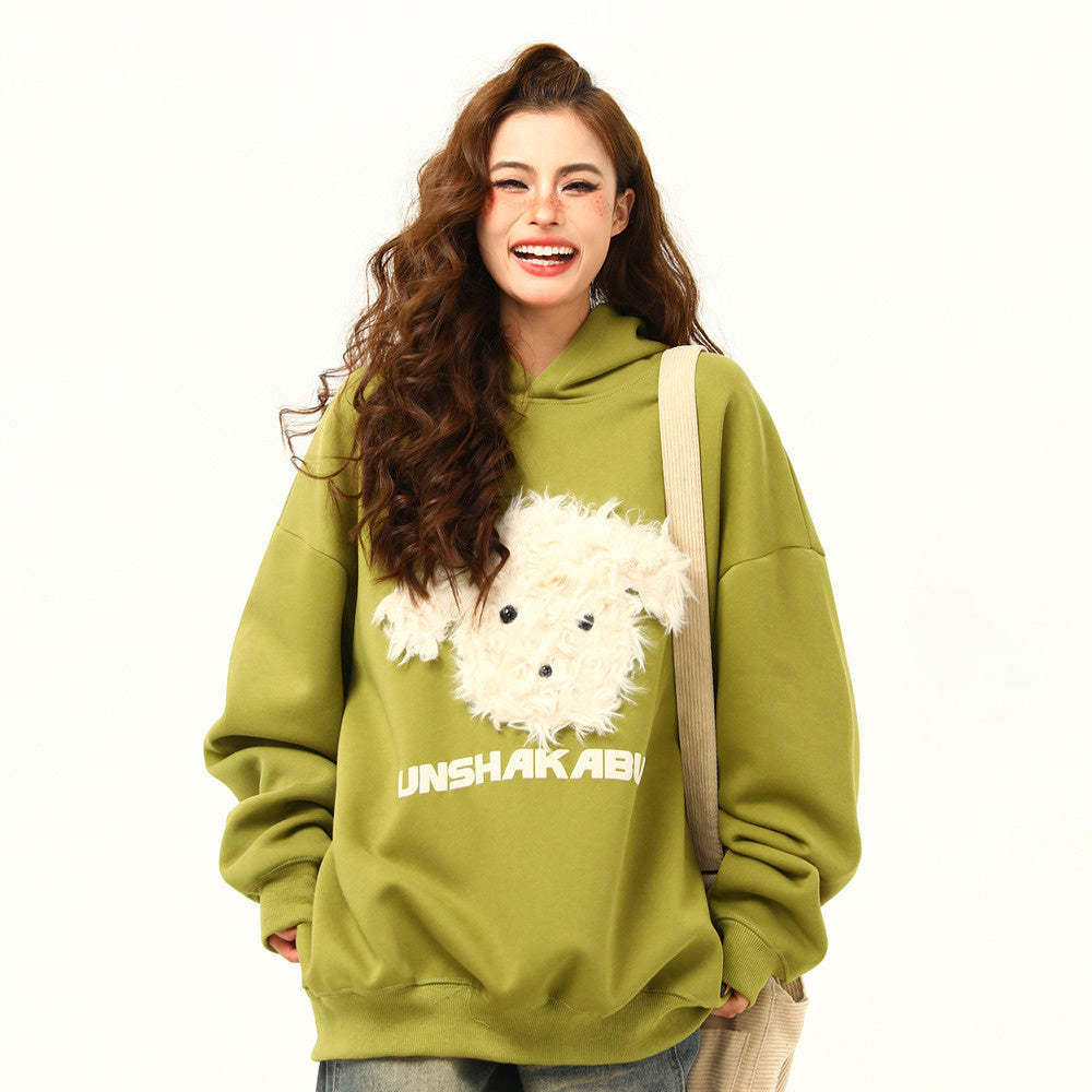 美式復古毛絨小狗刺繡連帽衛衣女秋冬百搭休閒寬鬆外套