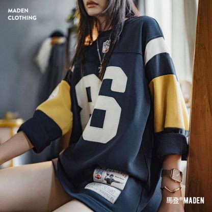美式復古橄欖球寬鬆套頭小眾刺繡中長款加厚衛衣外套女士秋冬