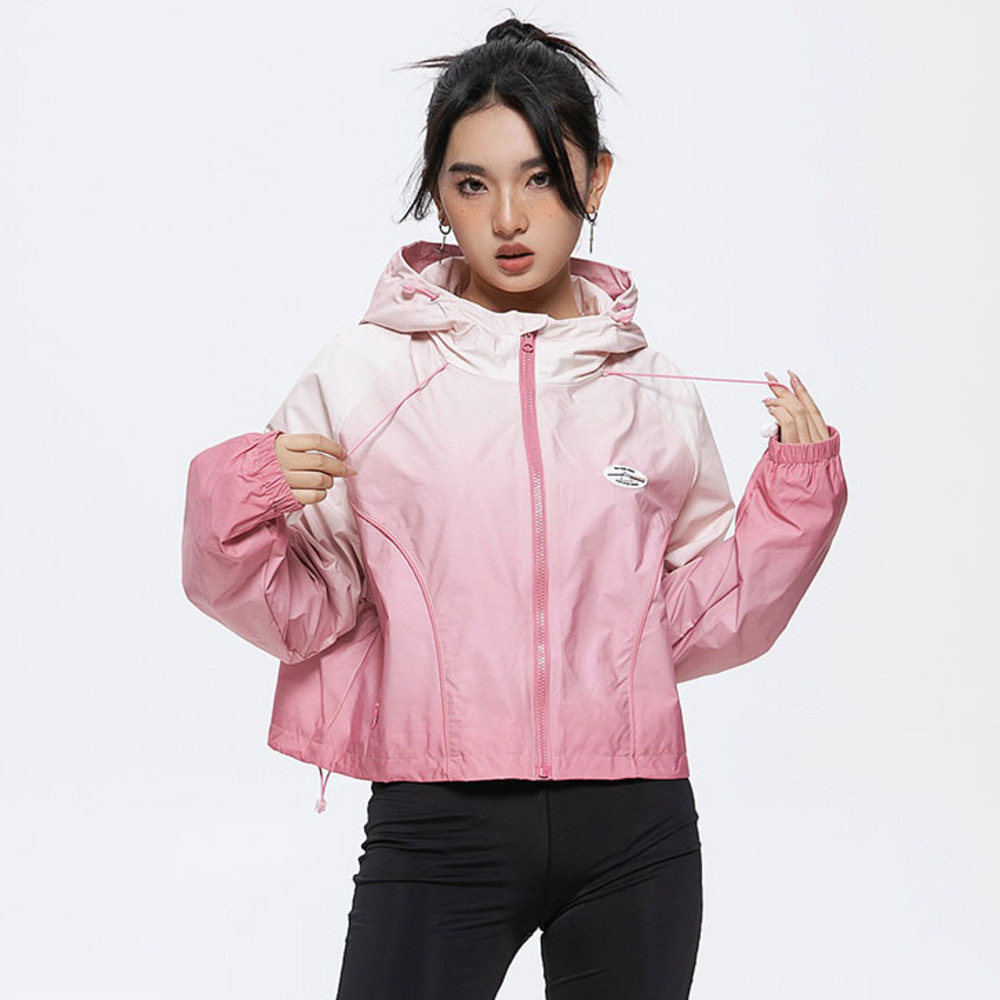漸變設計感潮牌甜美短款外套女連帽衝鋒衣辣妹粉色短夾克