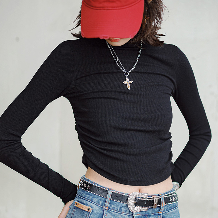 馬登女裝 莫代爾半高領打底衫抽褶修身疊穿長袖T恤內搭外穿上衣秋季女