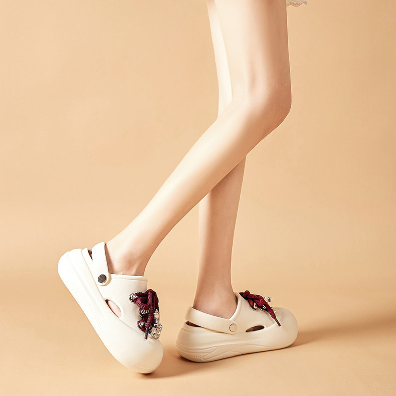 松糕厚底洞洞鞋女夏季新款水鑽蝴蝶結沙灘凉鞋包頭醜萌女拖鞋