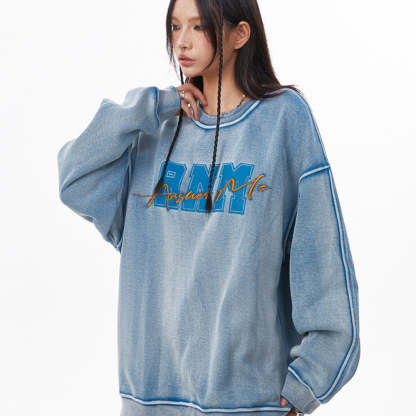 美式復古水洗做舊裂紋字母衛衣女早秋季潮牌寬鬆圓領長袖上衣
