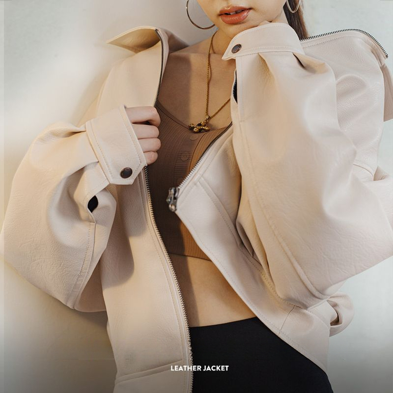 馬登女裝 美式復古米白色皮衣外套寬鬆機車短款夾克通勤外套上衣春秋女