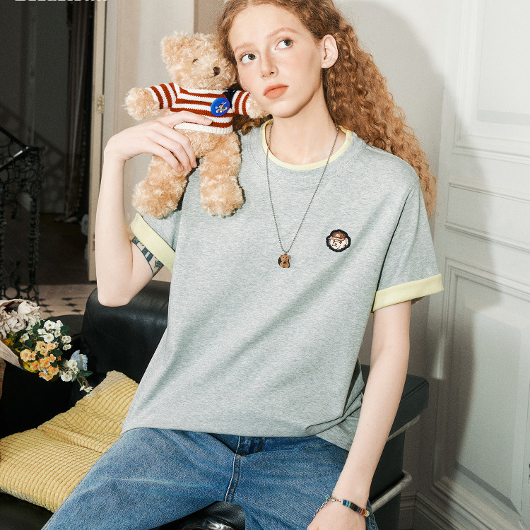 美式復古翻邊假兩件短袖T恤夏季重磅寬鬆休閒百搭半袖