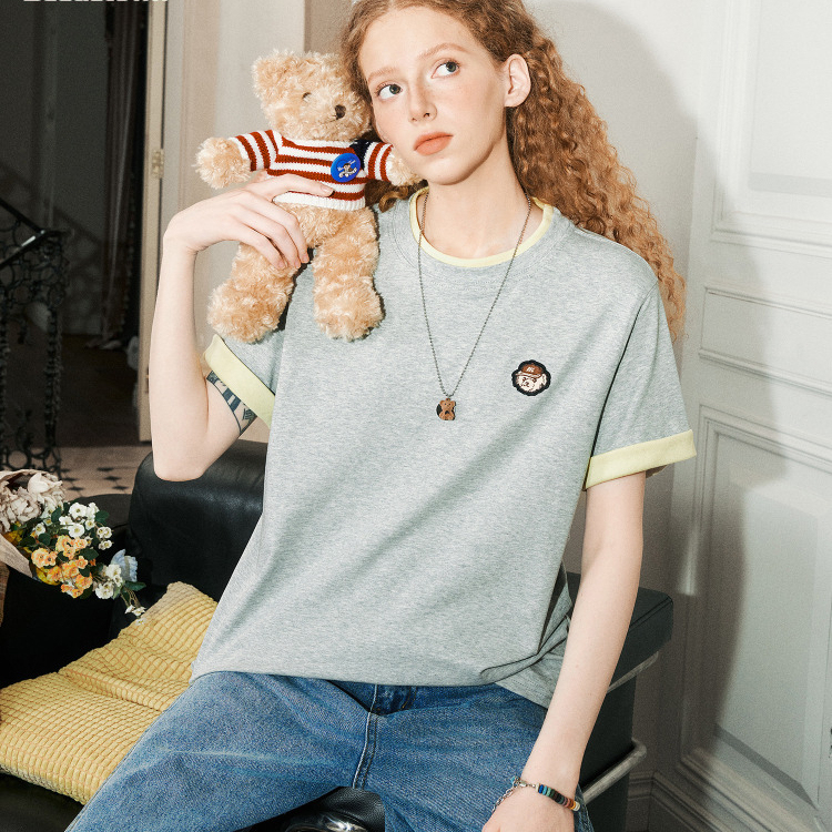 美式復古翻邊假兩件短袖T恤夏季重磅寬鬆休閒百搭半袖