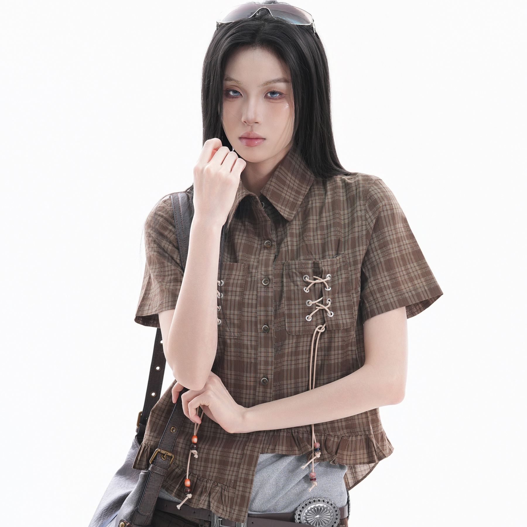 復古個性設計感綁帶短款襯衫女ins不規則木耳邊短袖