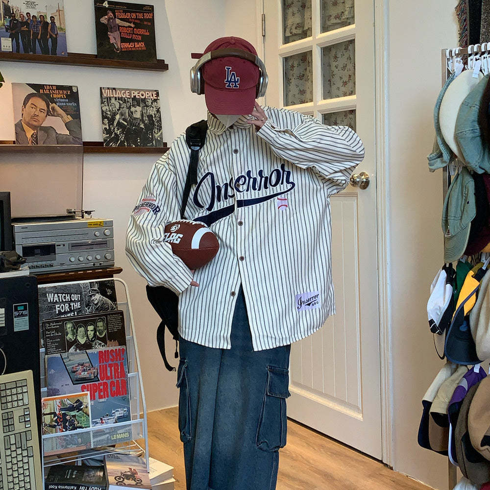 美式復古豎條紋長袖襯衫潮寬鬆慵懶風潮牌街頭情侶襯衣