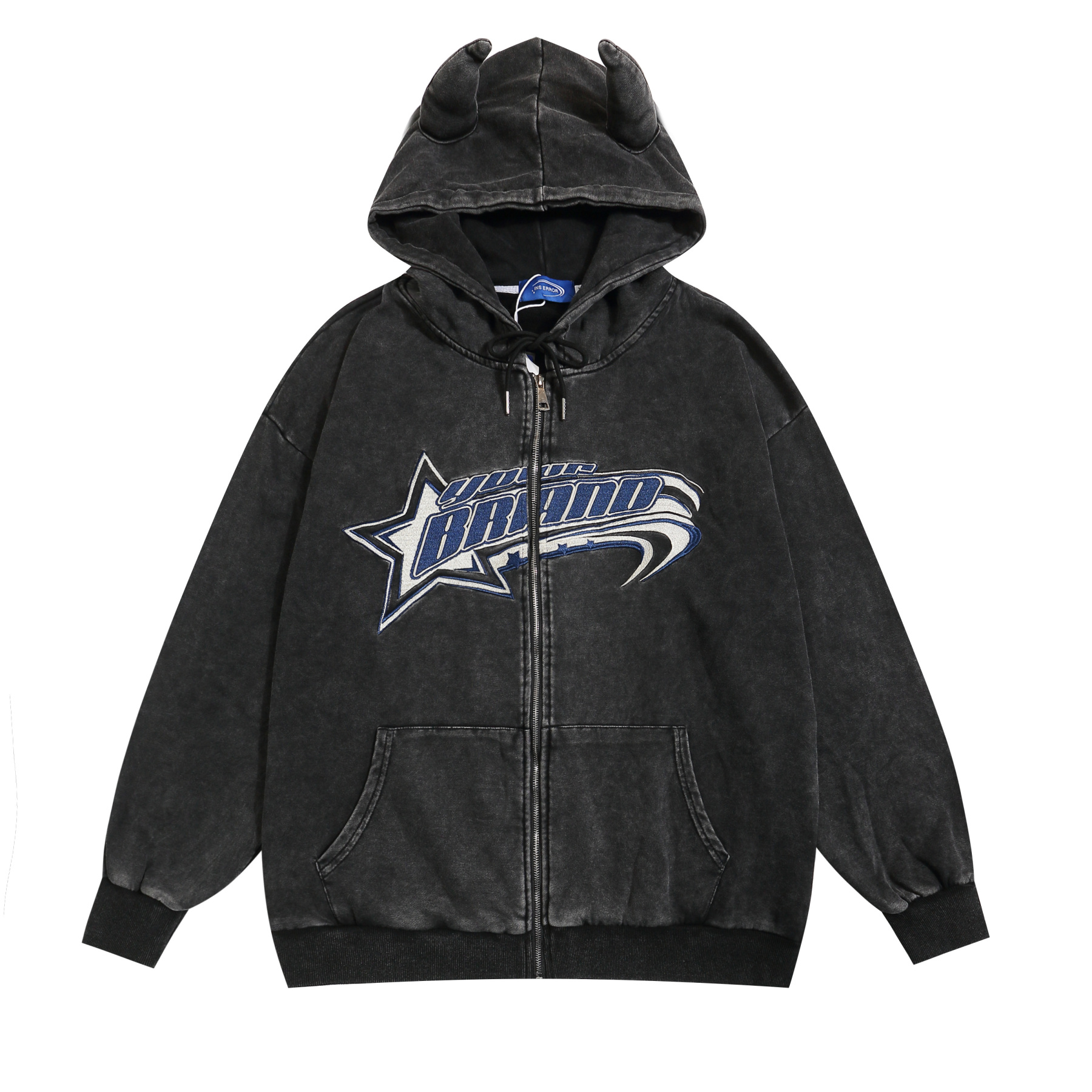 美式復古做舊牛角連帽衛衣開衫女潮牌寬鬆設計感帽衫外套