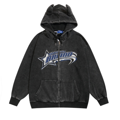 美式復古做舊牛角連帽衛衣開衫女潮牌寬鬆設計感帽衫外套