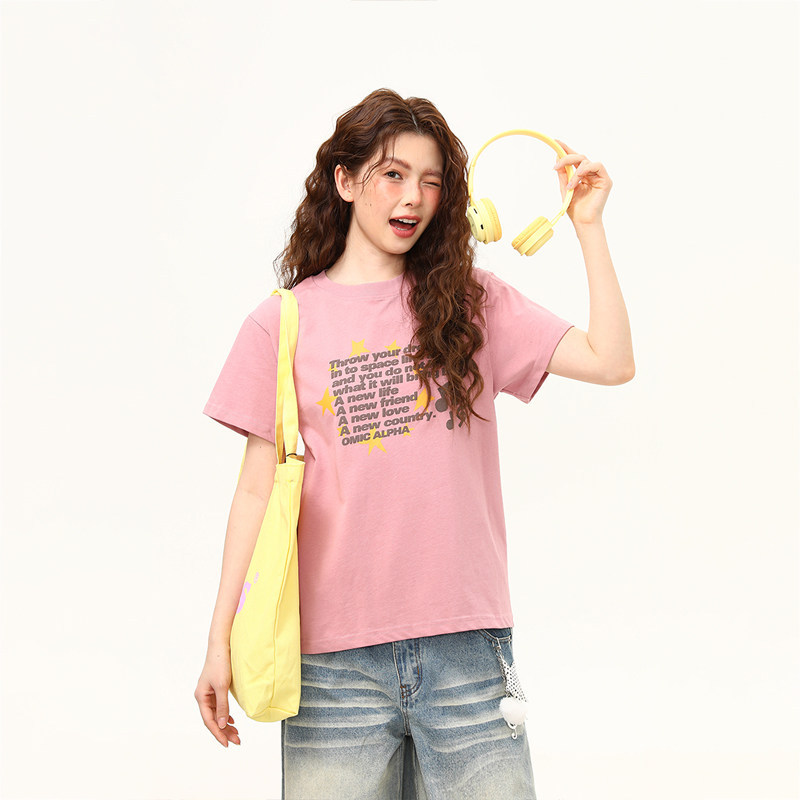 正肩T恤女美式復古發泡字母微寬鬆潮流短袖女