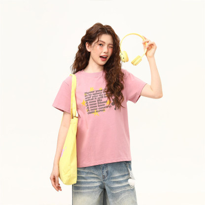 正肩T恤女美式復古發泡字母微寬鬆潮流短袖女