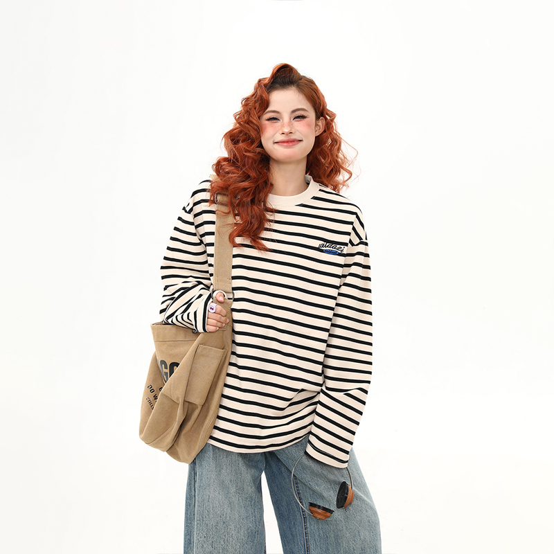 美式復古300G重磅條紋長袖T恤女早秋寬鬆上衣