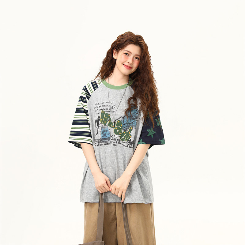 夏季新款撞色條紋插肩袖設計感短袖T恤女潮流高級感