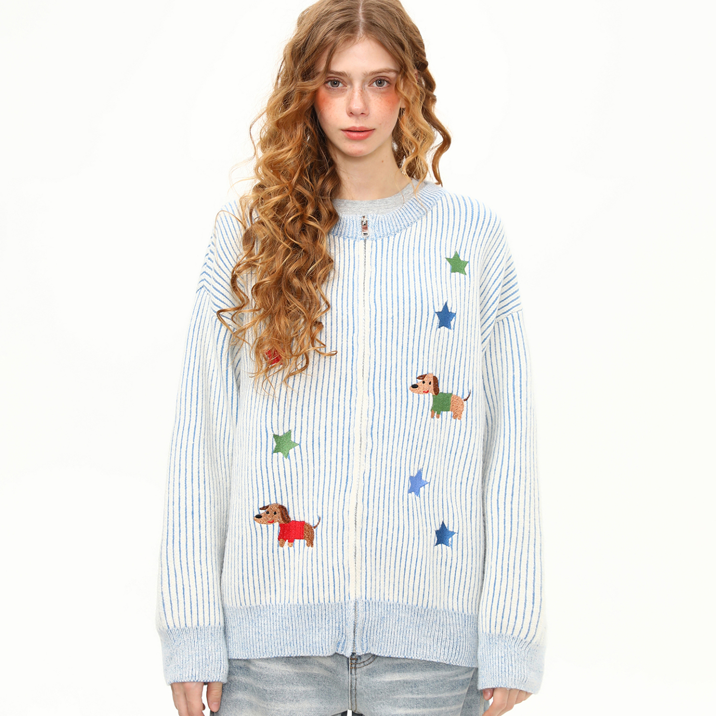 美式復古小狗刺繡條紋針織衫毛衣女秋冬慵懶寬鬆開衫外套