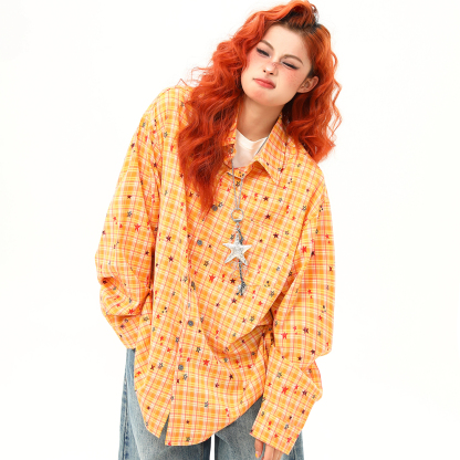 秋季新款滿印星星復古長袖襯衫女設計感黃色格紋襯衣