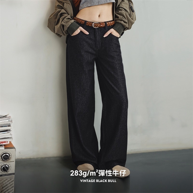 馬登女裝 美式復古黑色牛仔褲直筒休閒褲寬鬆顯瘦闊腿褲拖地長褲春秋女