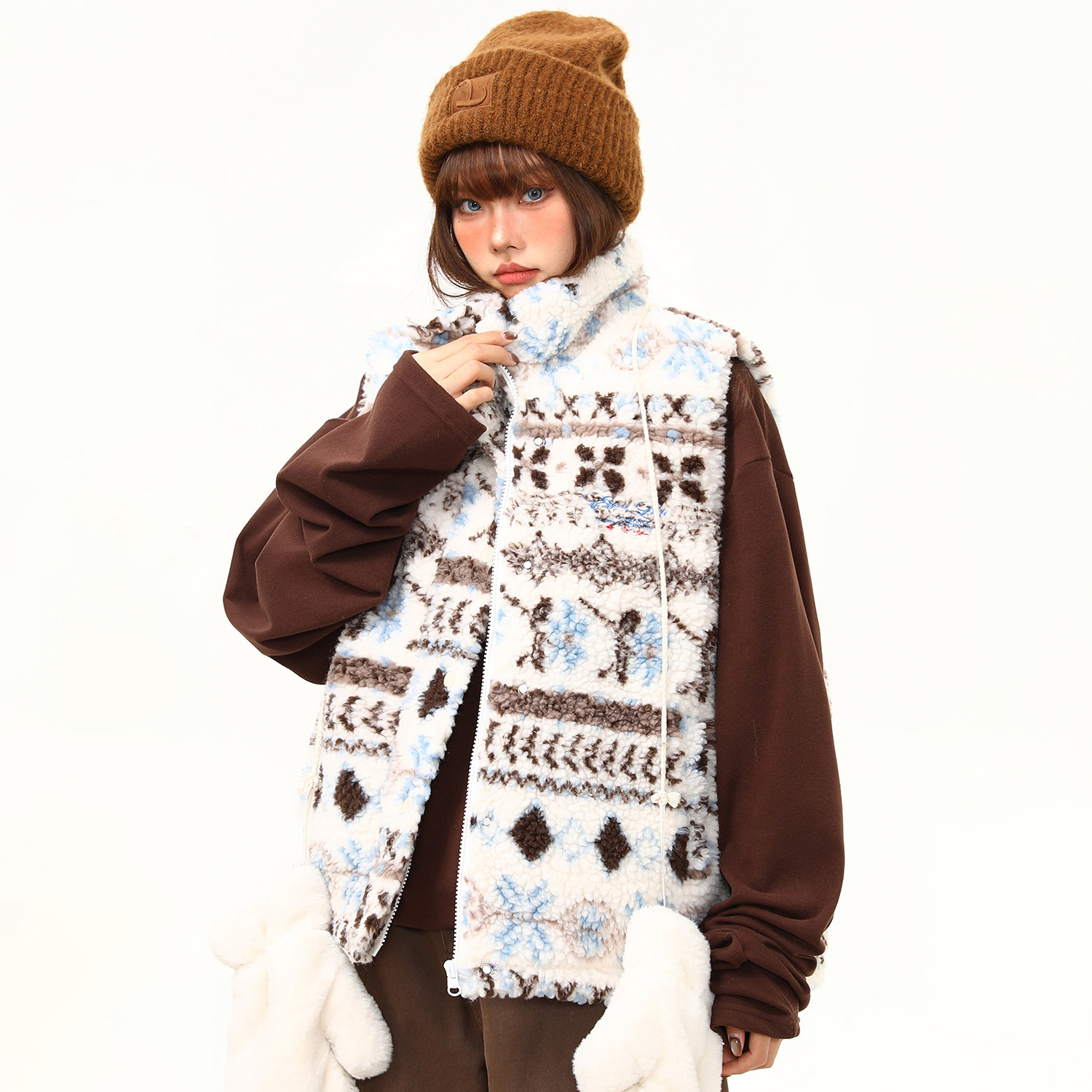 美式復古費爾島羊羔毛馬甲棉服外套女冬季新款氛圍感棉衣