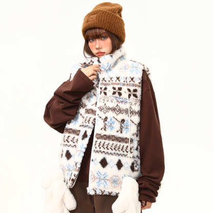 美式復古費爾島羊羔毛馬甲棉服外套女冬季新款氛圍感棉衣