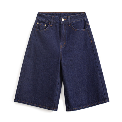 夏日復古深藍丹寧牛仔七分褲新款闊腿顯瘦小個子修腿型褲子女