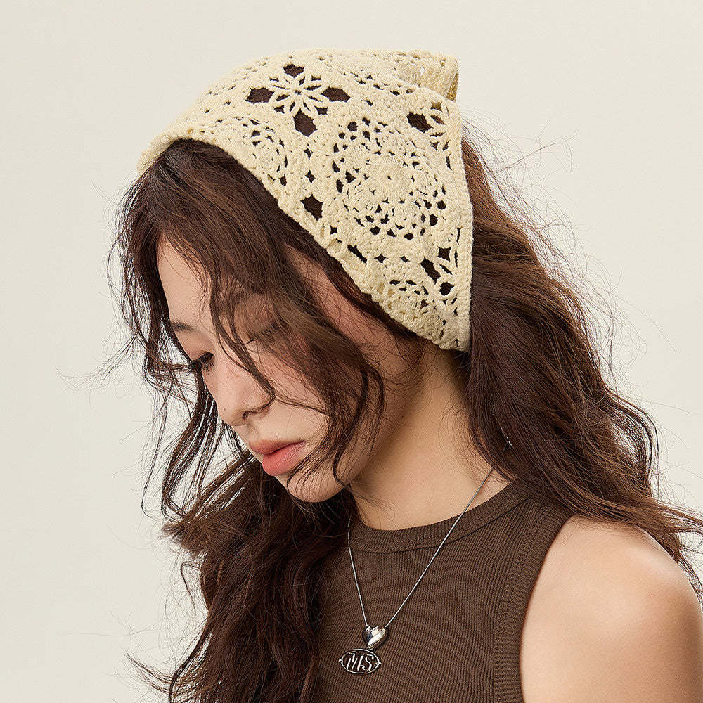 美式復古休閒手工針織發帶女個性棉線鉤花街頭辣妹風三角巾頭巾帽