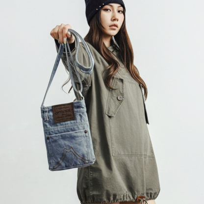 復古丹寧牛仔布單肩手拎小包斜挎隨行手機設計感小眾包包女冬