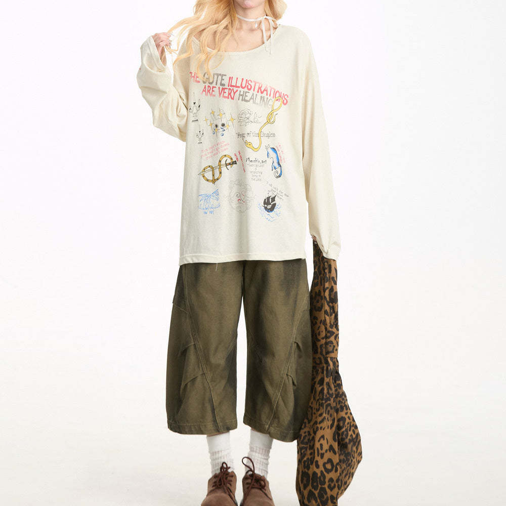 美式復古做舊髒染工裝短褲女夏季寬鬆直筒闊腿褶皺七分褲