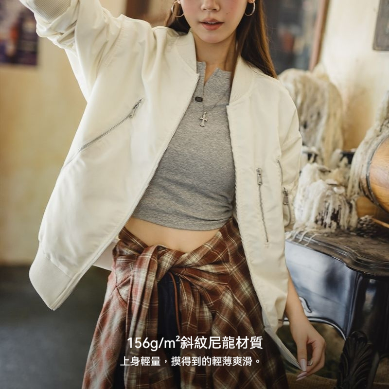 美式復古白色寬鬆棒球服立領飛行員工裝夾克休閒外套上衣女秋