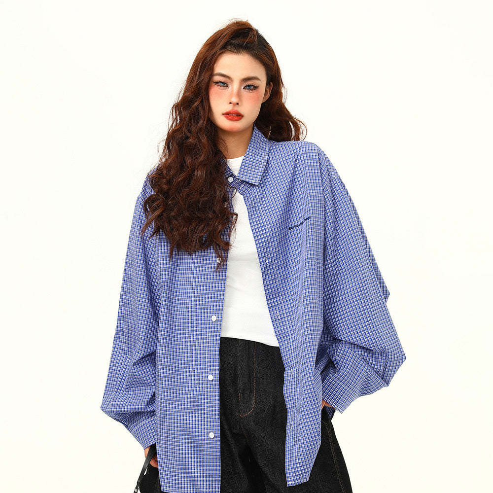 文藝感藍色格子襯衫秋季新品高級感復古百搭外穿襯衣