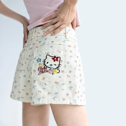 韓系碎花蝴蝶結Kitty刺繡牛仔短褲女夏薄款顯瘦熱褲