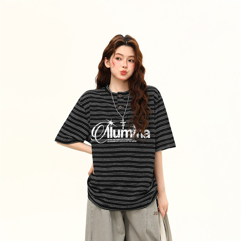 美式復古亨利領條紋短袖T恤女夏季寬鬆學院風黑白條紋tee