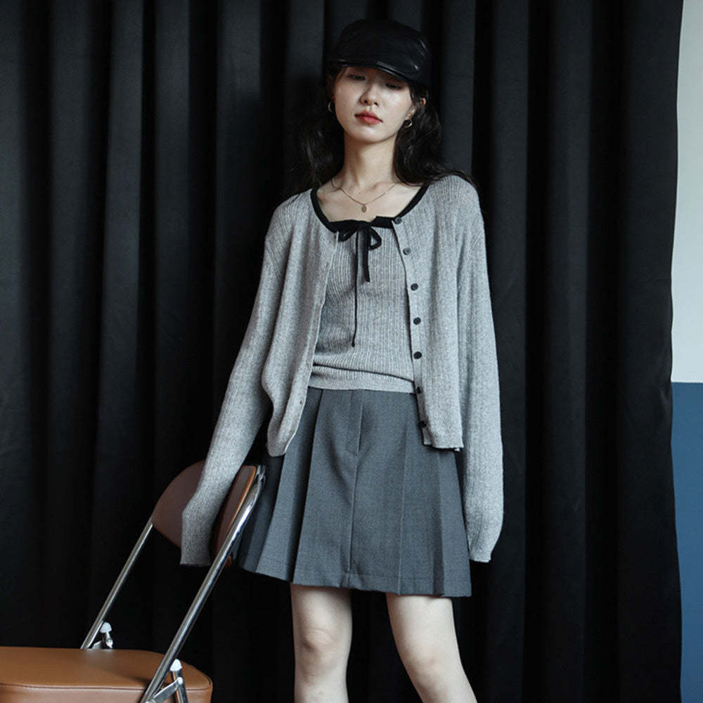 針織設計感開衫外套灰色兩件套小衫秋季新款小眾復古上衣