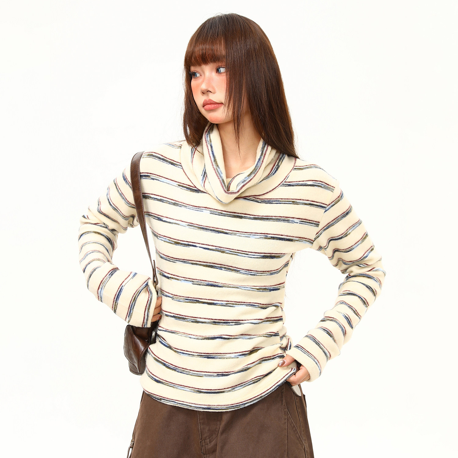 秋冬條紋打底衫女軟糯修身長袖T恤女緊身內搭氛圍感高領