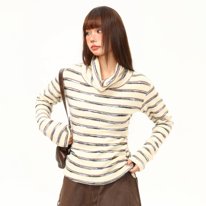 秋冬條紋打底衫女軟糯修身長袖T恤女緊身內搭氛圍感高領