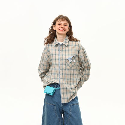 美式復古拼接格紋設計感長袖襯衫女秋季新款小眾潮牌襯衣