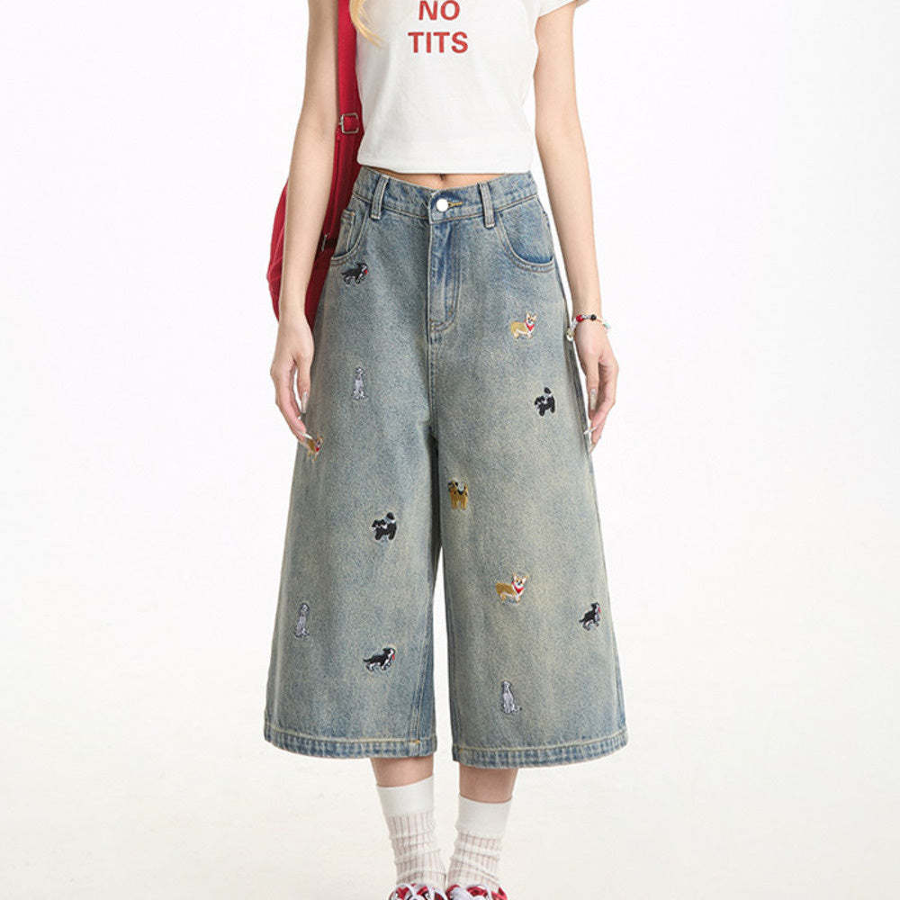 夏季牛仔短褲女新款寬鬆直筒趣味小狗刺繡設計感七分褲