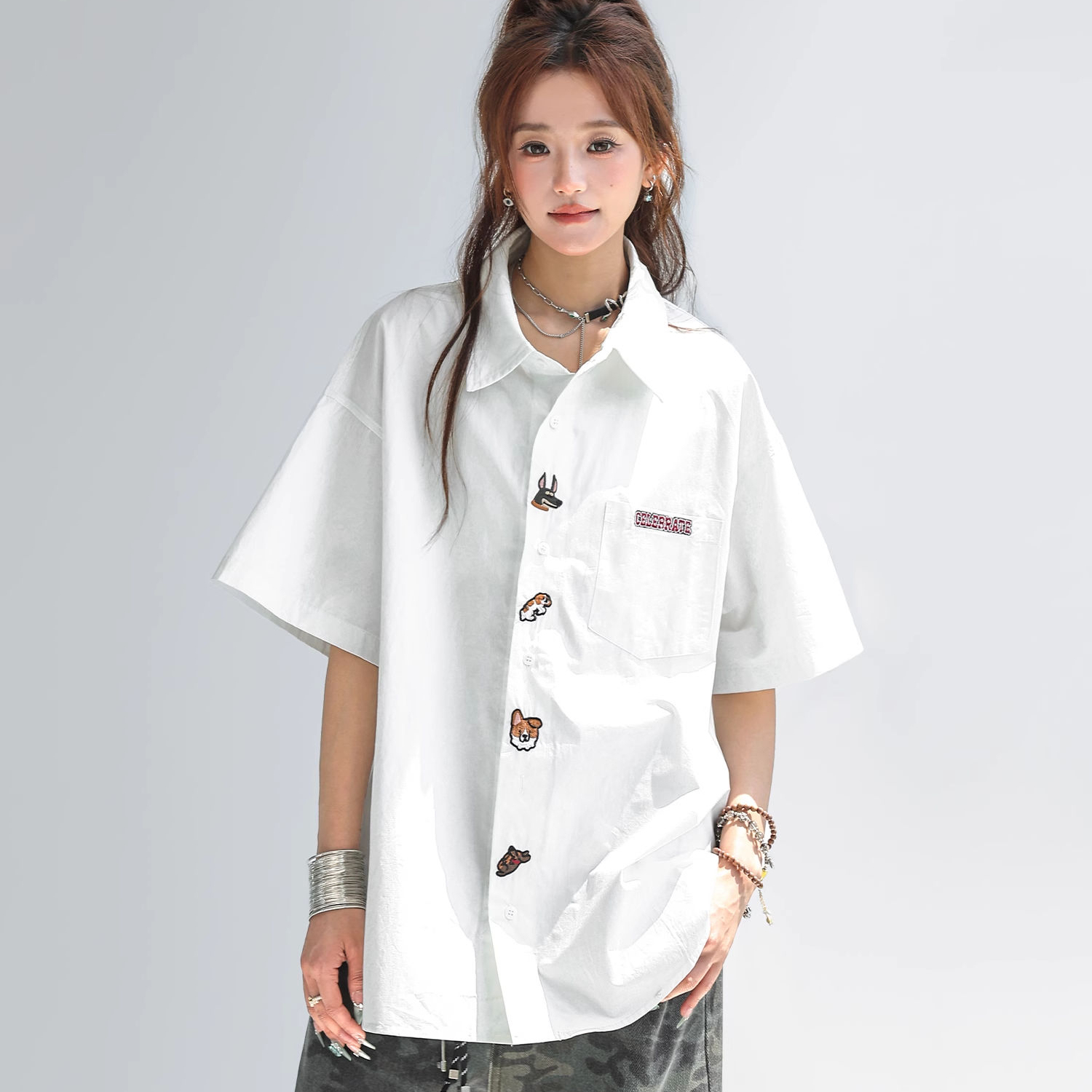 可愛小狗刺繡短袖襯衫女夏季輕薄防曬襯衣外搭開衫