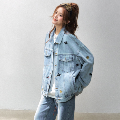 可愛猫狗刺繡牛仔外套女2025新款寬鬆慵懶小個子牛仔衣秋季